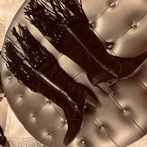 Black Suede Cowboy Boot w/Fringes/Silver Studs 9.5